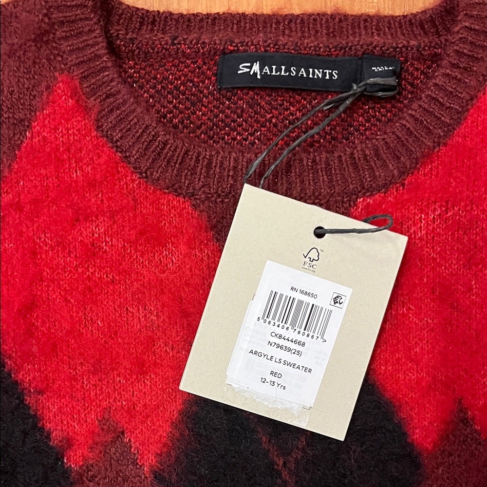 All Saints Men's Red and Black Argyle Crewneck Sweater - Picture 2 of 4